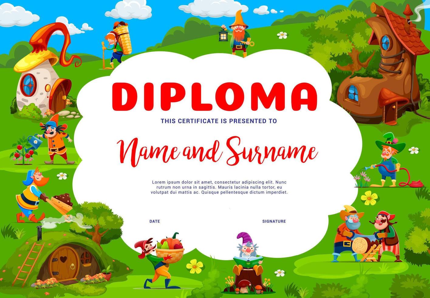 niños diploma, dibujos animados jardín gnomos y enanos vector