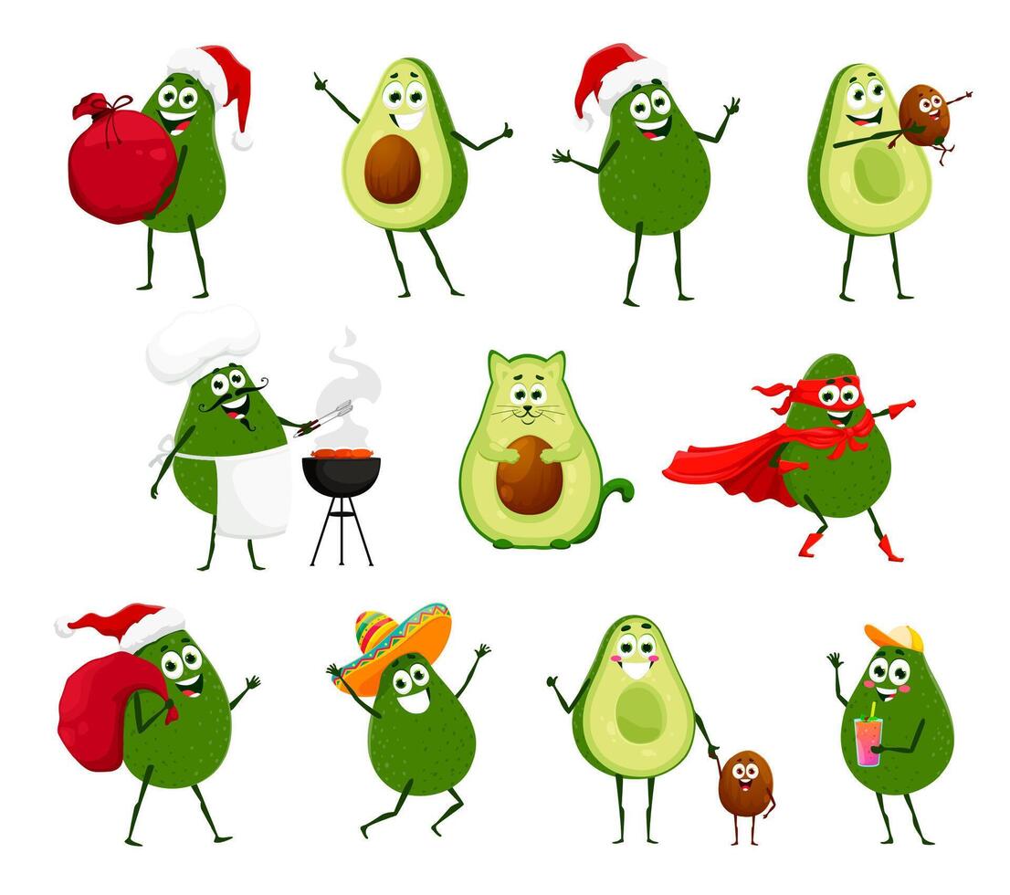 Cartoon avocado characters isolated vector set