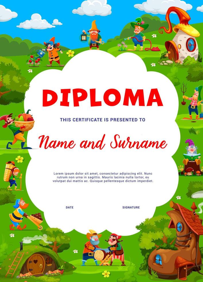 niño diploma, cuento de hadas pueblo con jardín gnomos vector