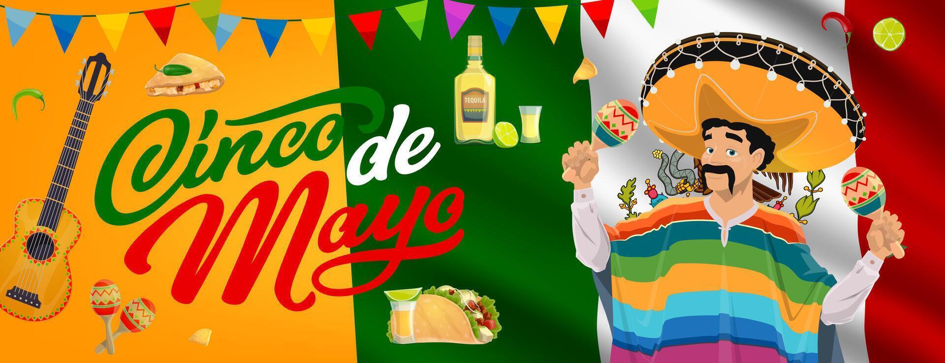 Mexican Cinco de Mayo holiday, musician character vector