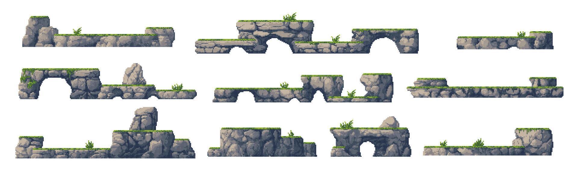 8Bit arcade pixel art game platforms with rocks vector