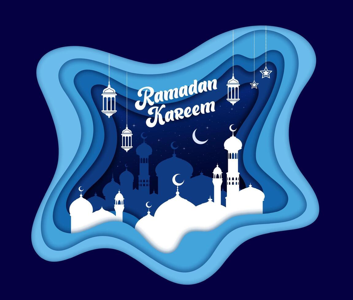 Ramadan kareem paper cut banner with arabic city vector