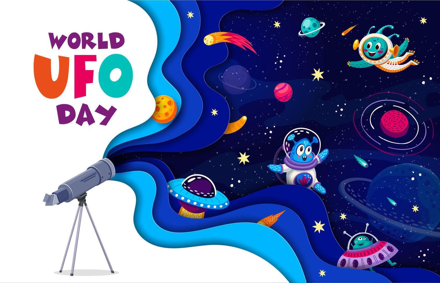 World ufo day, paper cut galaxy space with aliens vector