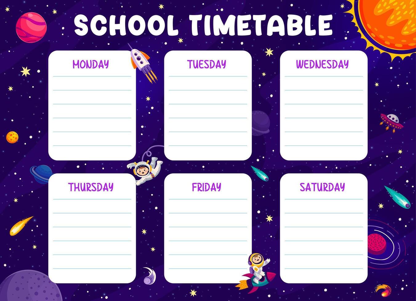 Education timetable with kid astronaut in space vector
