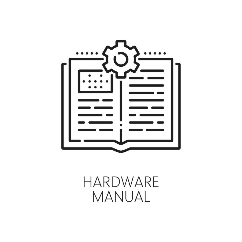 hardware manual línea icono, computadora ordenador personal instrucción vector