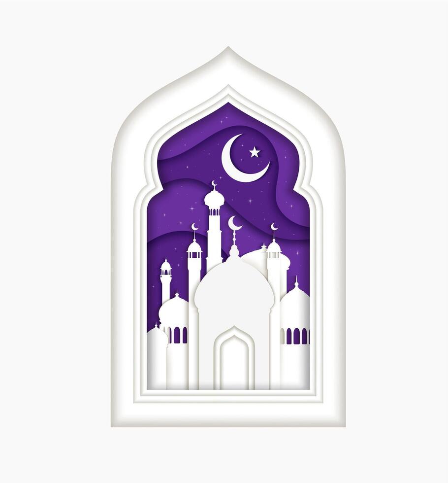 Ramadán Kareem, eid Mubarak papel cortar tarjeta vector