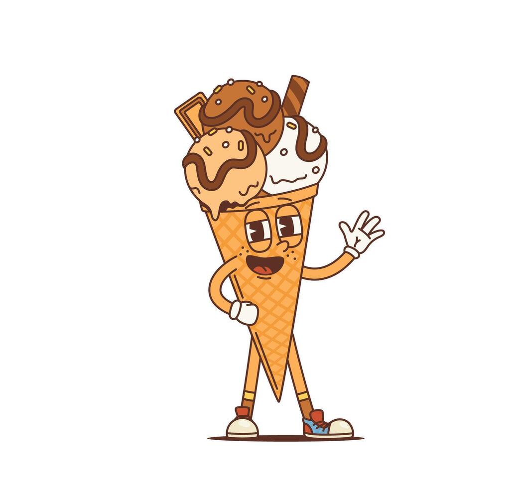 Cartoon ice cream cone groovy character. Isolated vector psychedelic summer dessert personage. Funny positive waffle cone wearing wide funky smile, exuding chill vibes and retro nostalgic charm