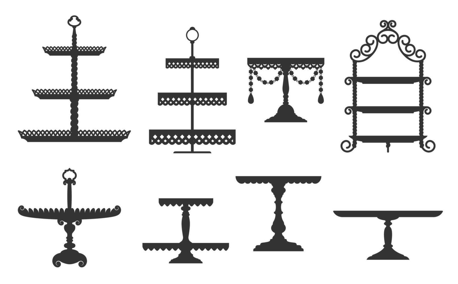 Tea and wedding cake platter stand silhouettes set vector