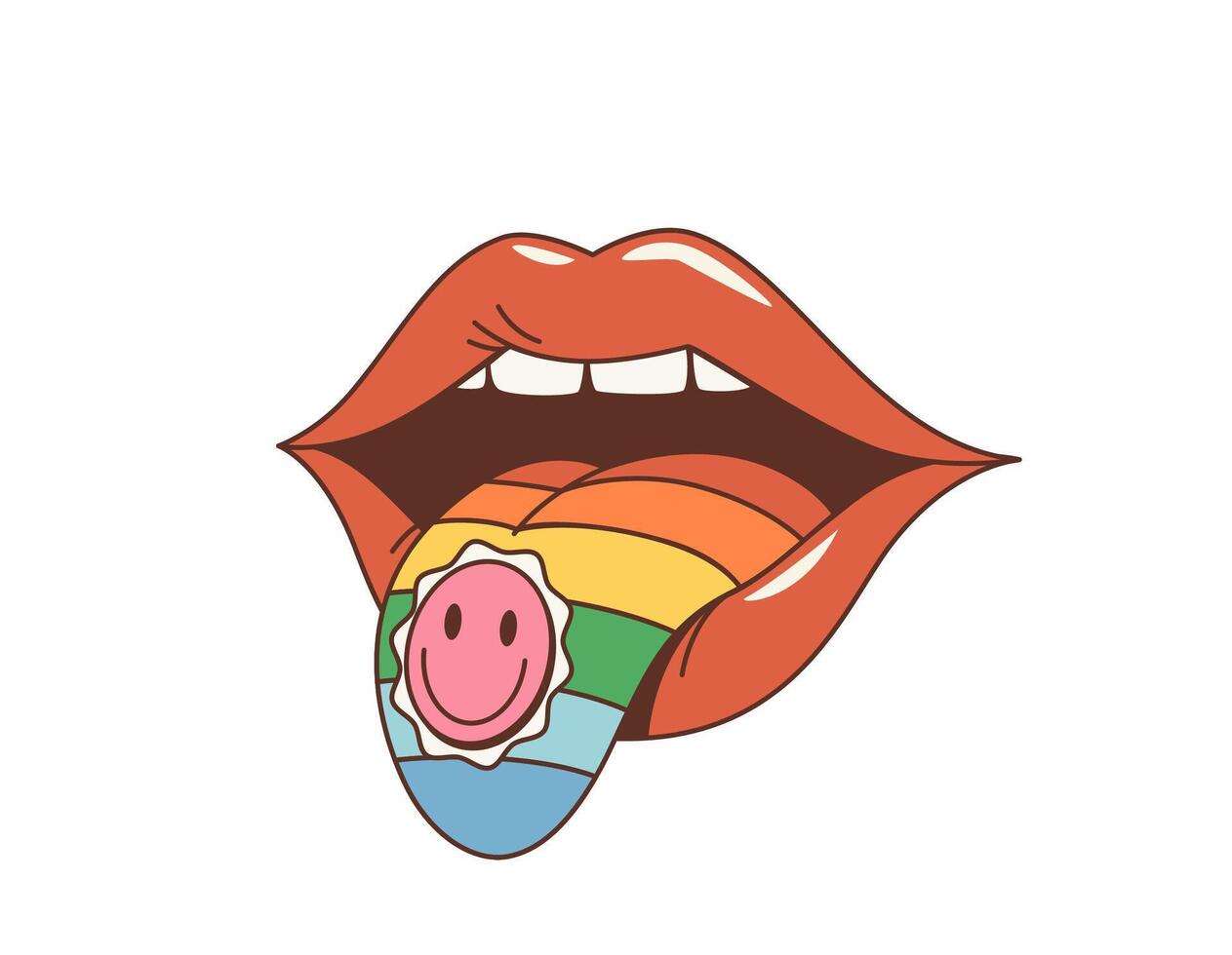 Cartoon groovy woman mouth with tongue and drug vector