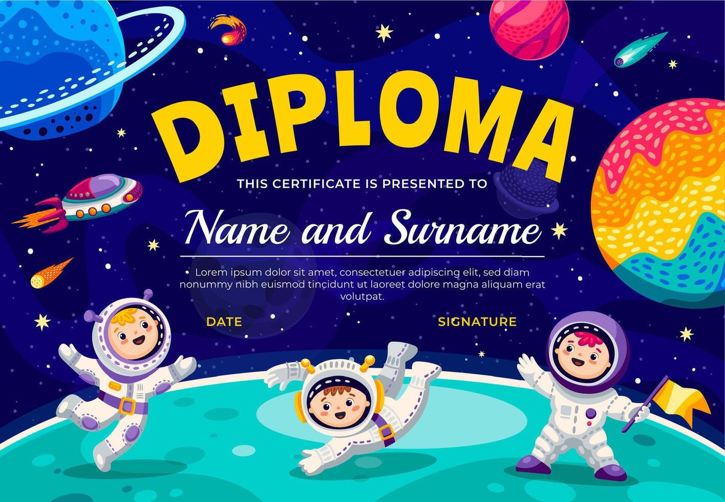 niños diploma, niño astronautas en planeta superficie vector