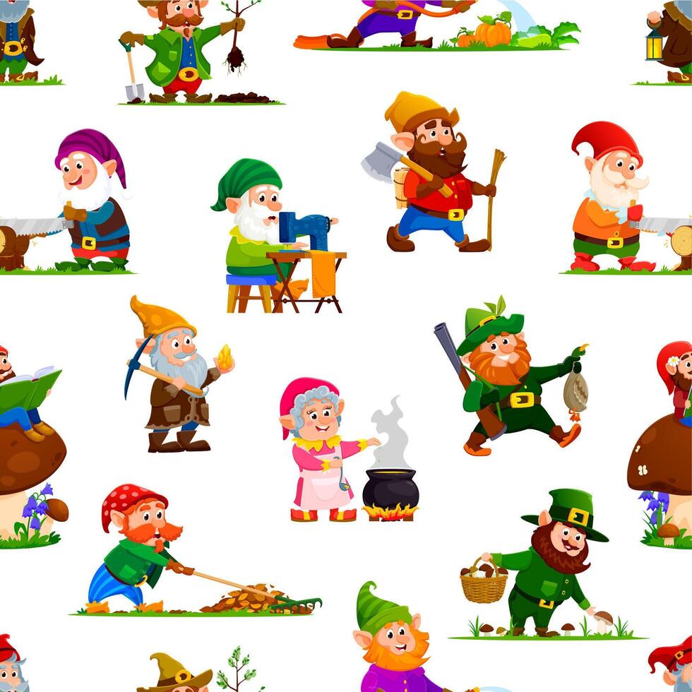 Cartoon gnome or dwarf characters seamless pattern vector