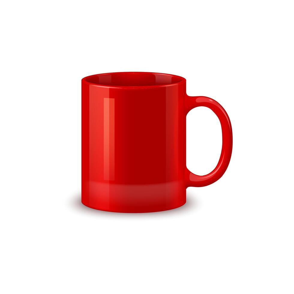 Red ceramic coffee mug, tea cup mockup, tableware vector