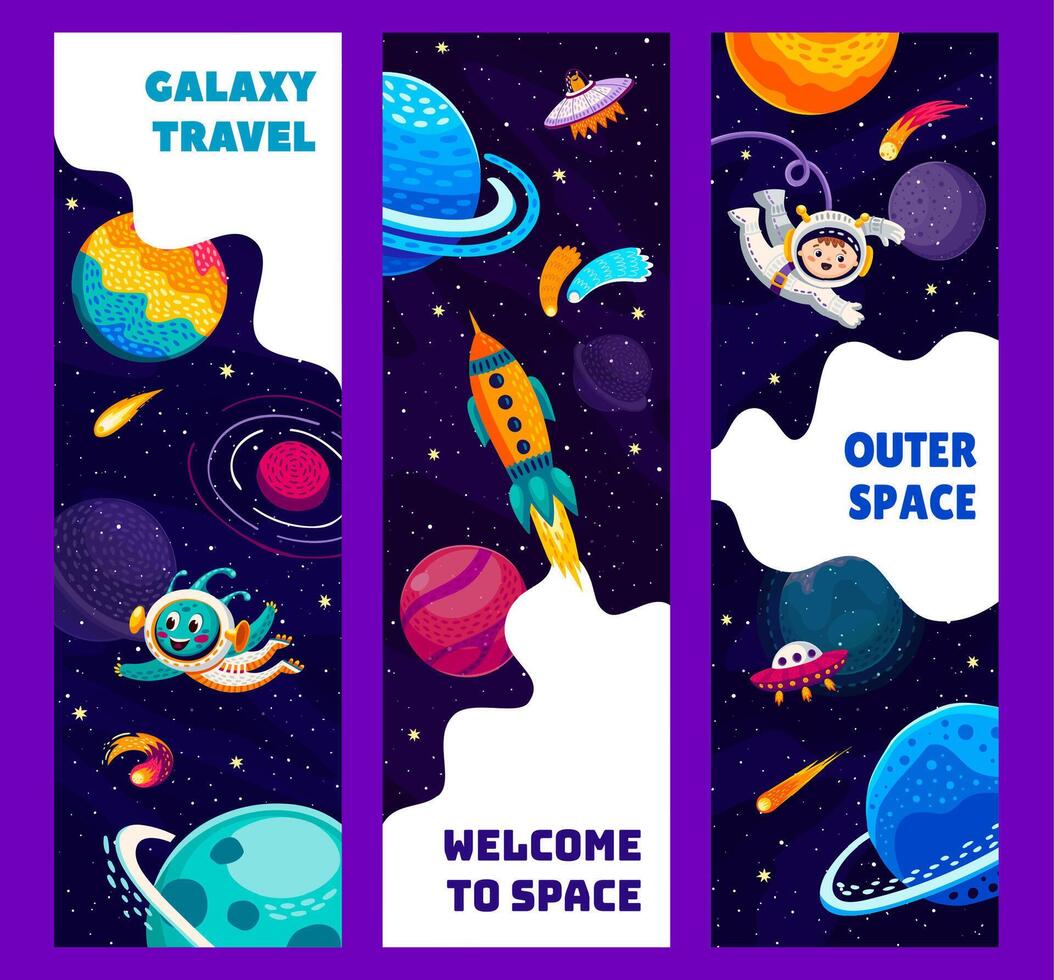 galaxia espacio pancartas, niño astronauta, espacio planetas vector