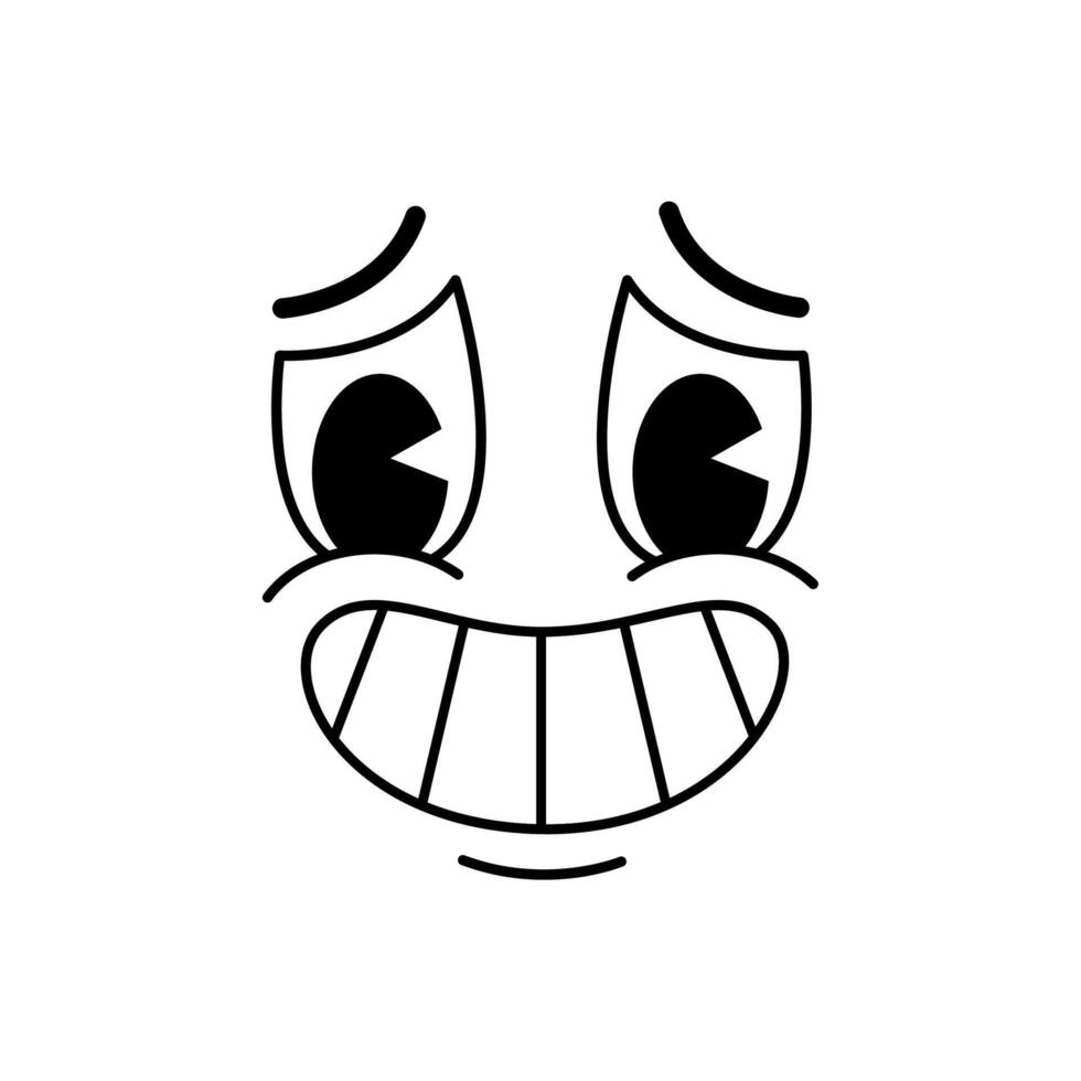Cartoon funny comic groovy face with guilty smile vector