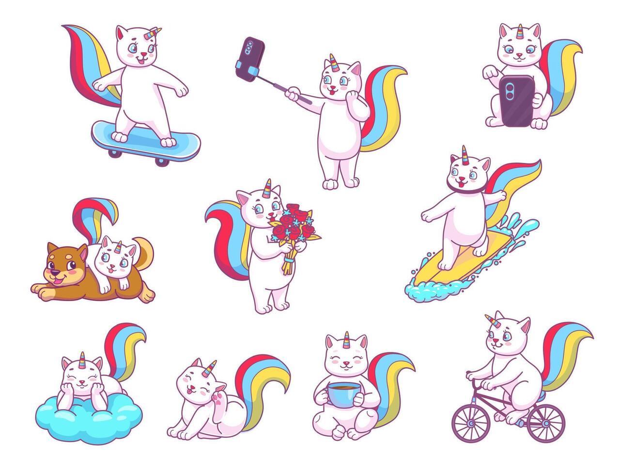 dibujos animados linda caticorn gato y gatito caracteres vector