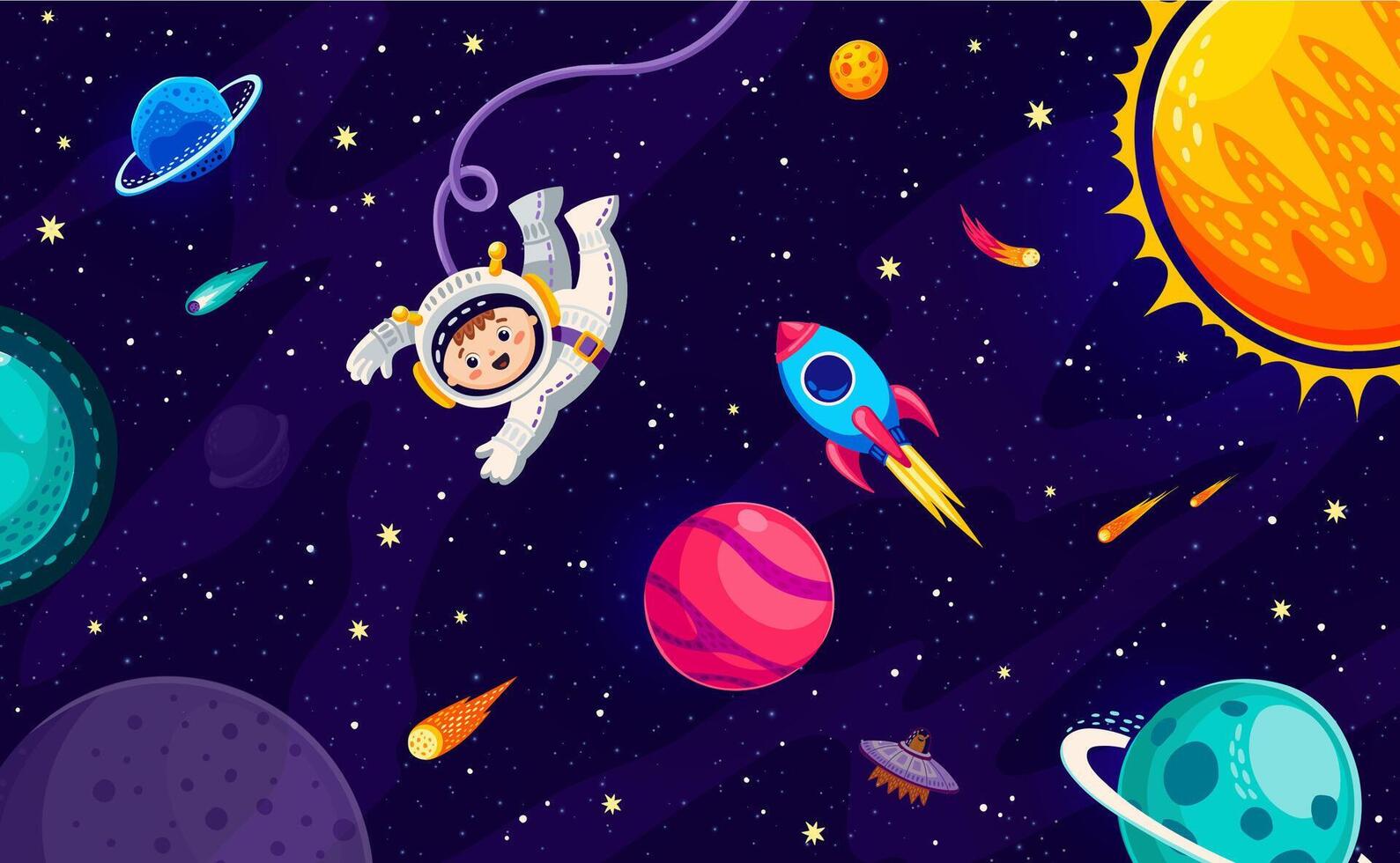 dibujos animados chico astronauta en exterior espacio cerca planetas vector