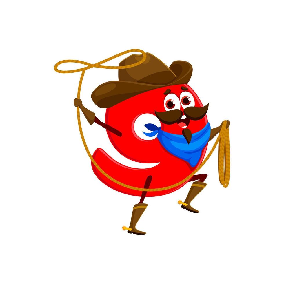 Cartoon cowboy math number nine wielding a lasso vector