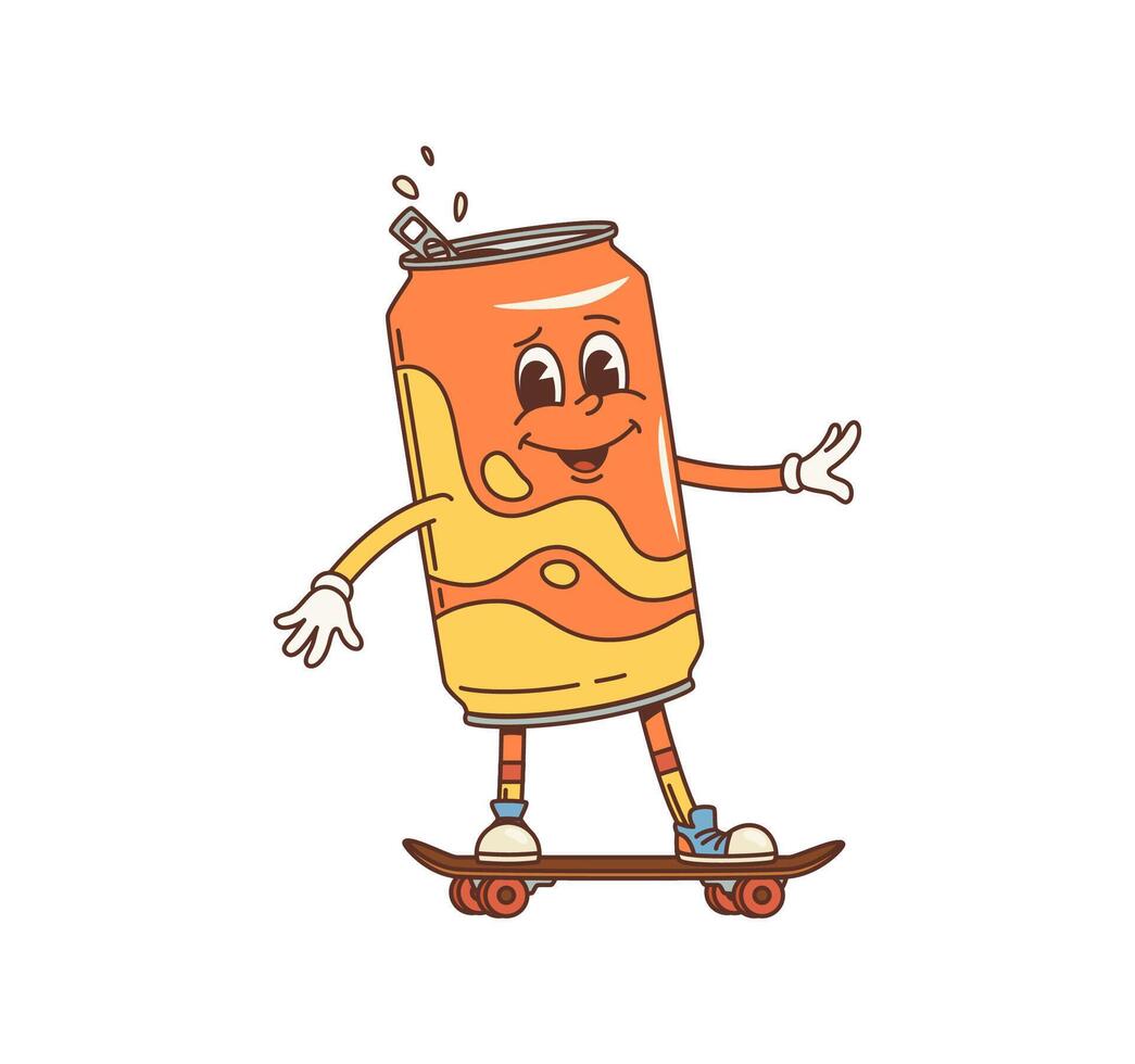 Cartoon groovy juice drink can rides a skateboard vector