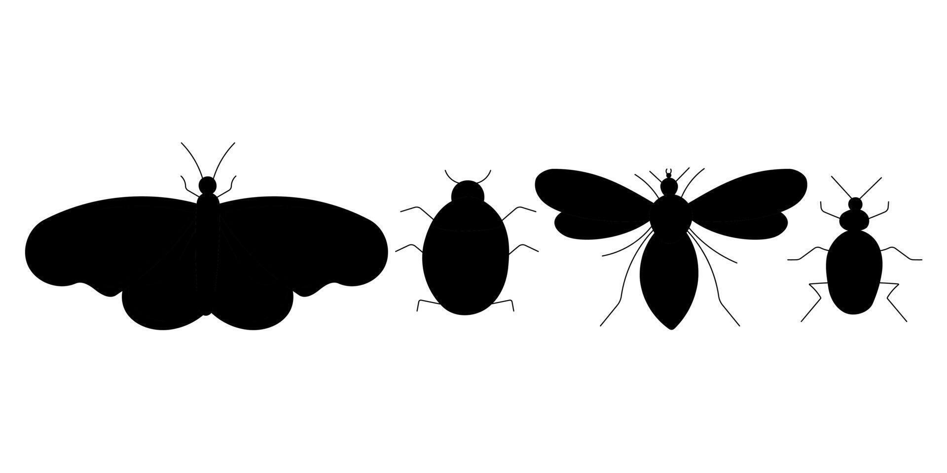 conjunto negro insecto escarabajo, mariposa, abeja, mariquita vector