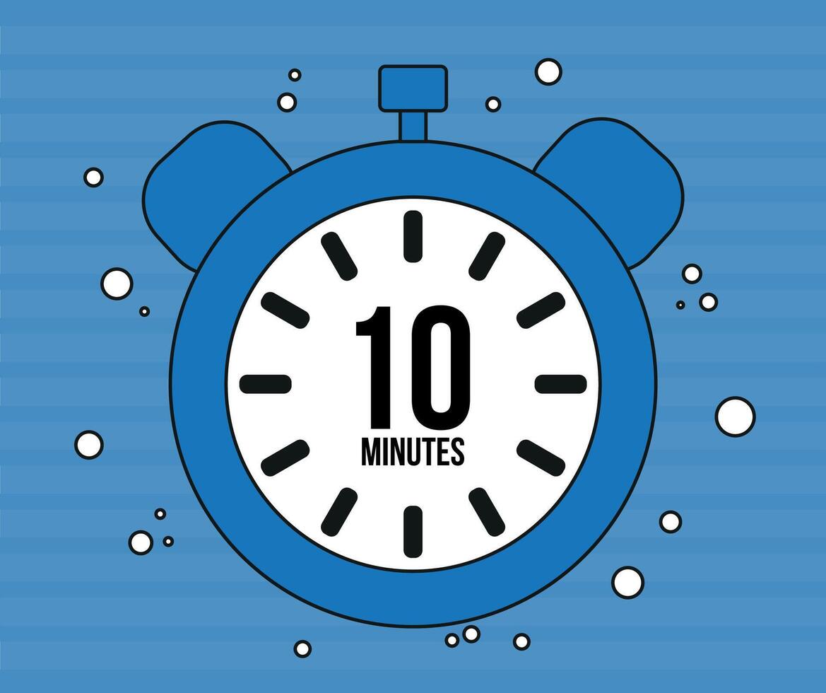 10 Minutes clock. Minute marker alarm isolated on blue background. Time counter clock vector