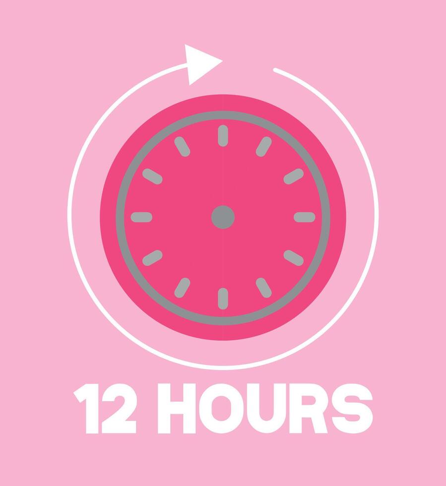 12 Hours pink clock. Time marker with clockwise arrow. Design remaining time vector