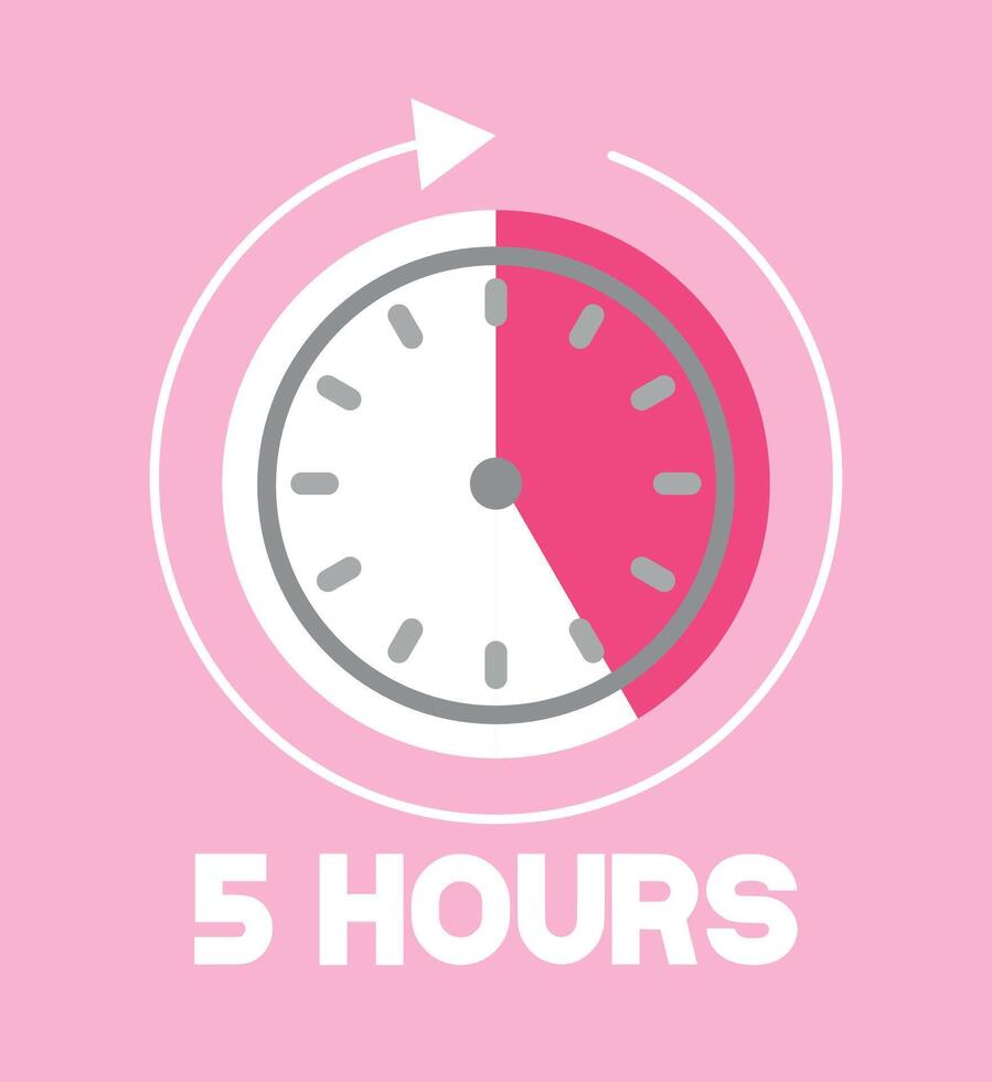 5 Hours pink clock. Time marker with clockwise arrow. Design remaining time vector
