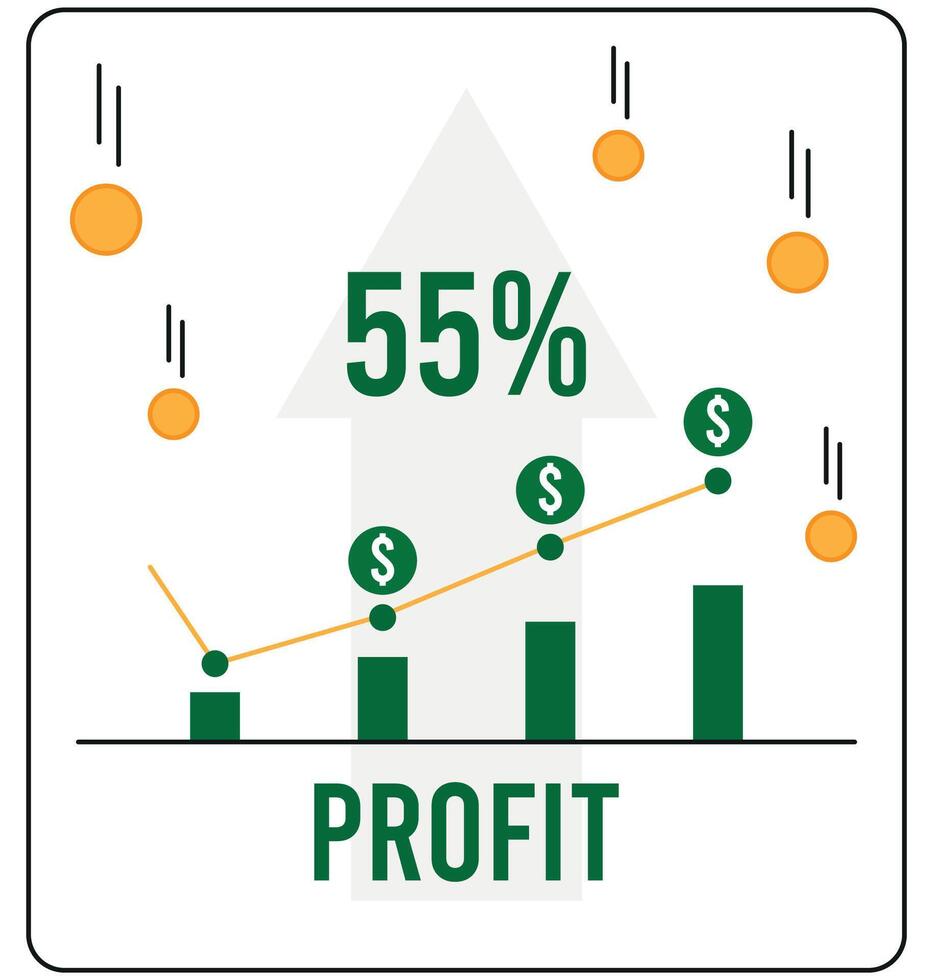 55 por ciento ganancia. vector inversión y recepción ganancias, concepto Finanzas y ganador dinero