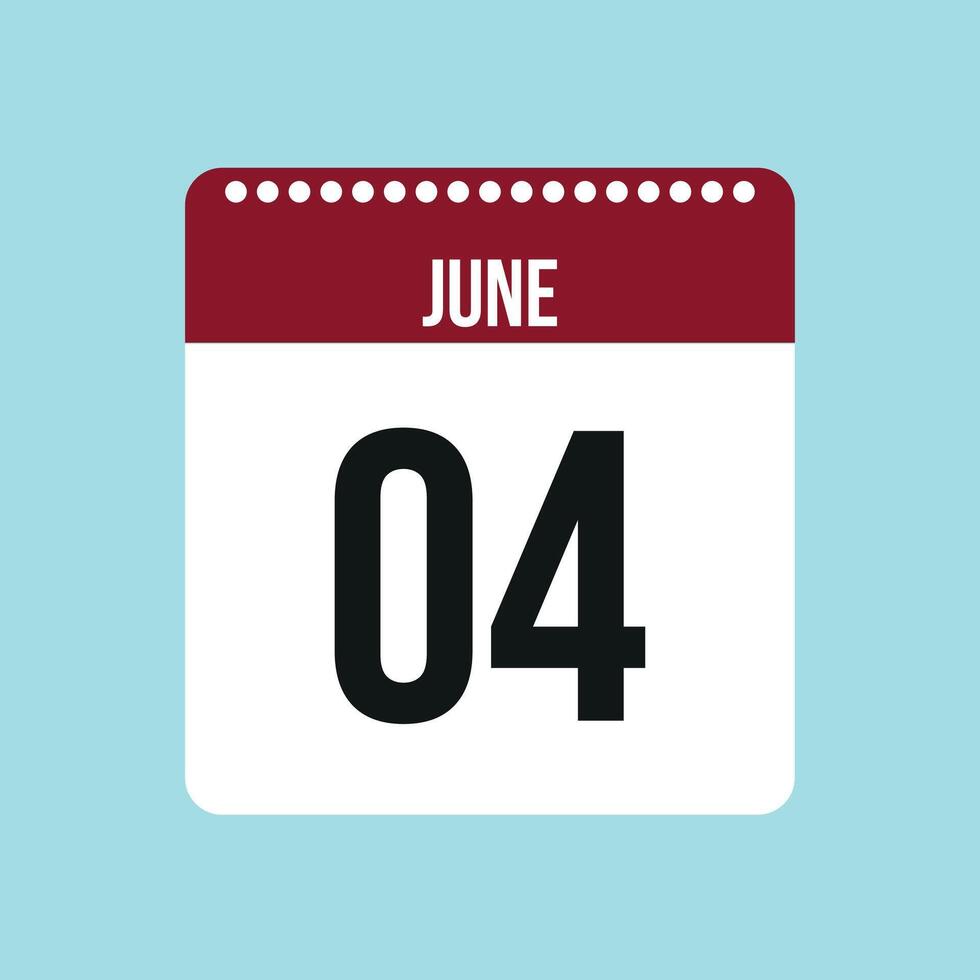 4 June calendar vector icon. Red and black June date for the days ...