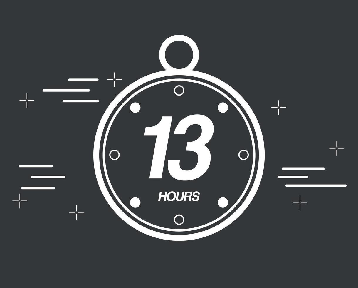 13 hours. 13 hours clock timer. Digital chronometer hour marker, vector isolated on dark background