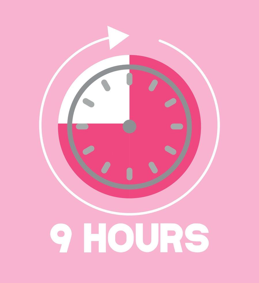9 Hours pink clock. Time marker with clockwise arrow. Design remaining time vector