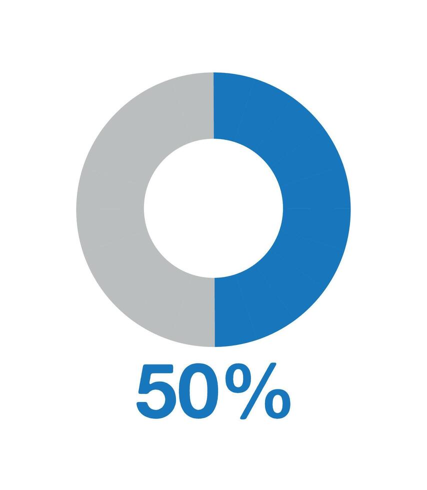 50 percent round graph blue. Graphic vector for statistics and finance, pie shape design isolated on white background