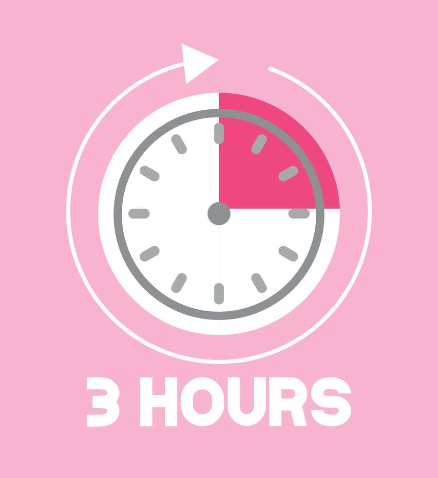 3 Hours pink clock. Time marker with clockwise arrow. Design remaining time vector