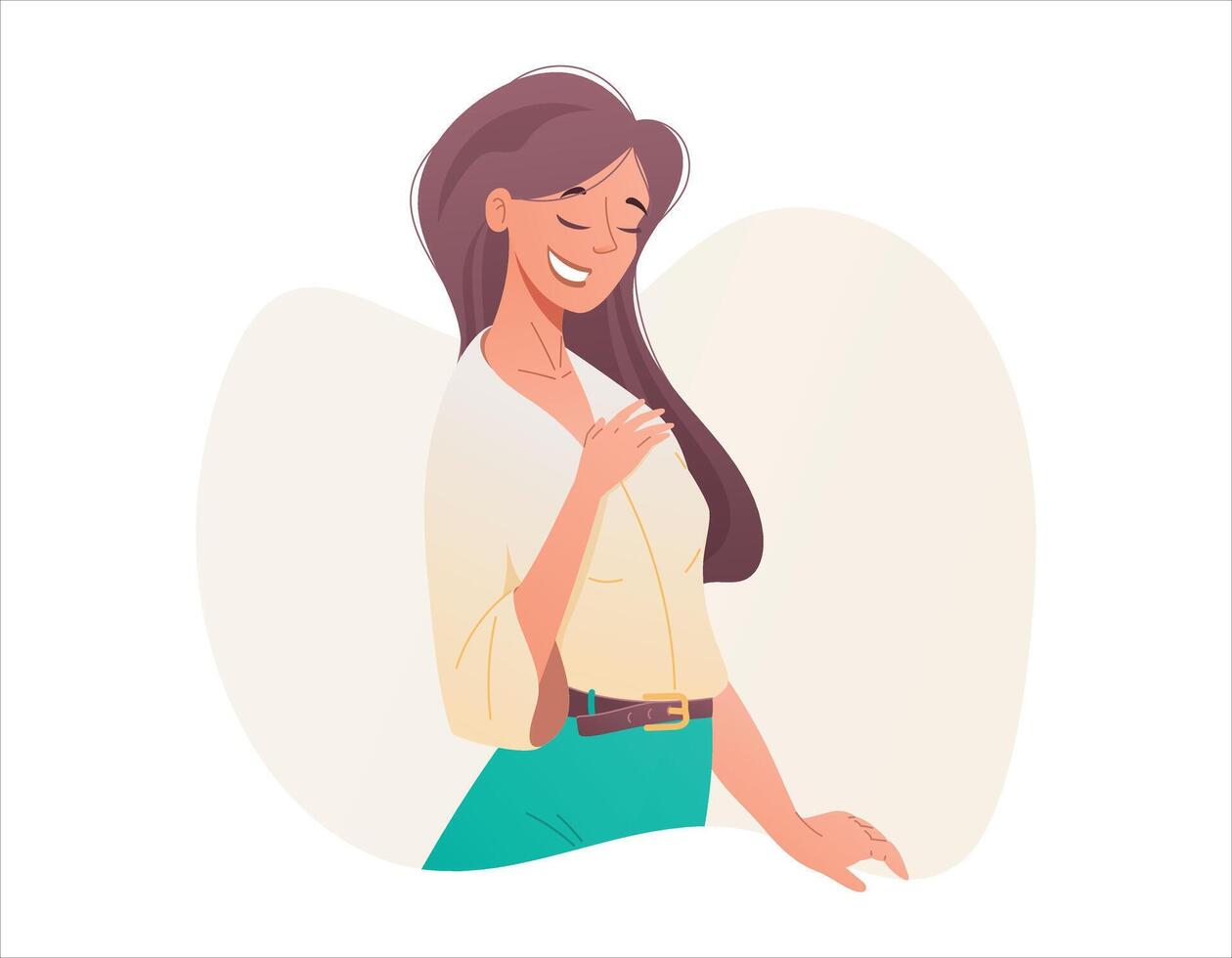 Vector isolated cartoon beautiful woman. Smiling embarrassed grateful girl holding her hand at chest.