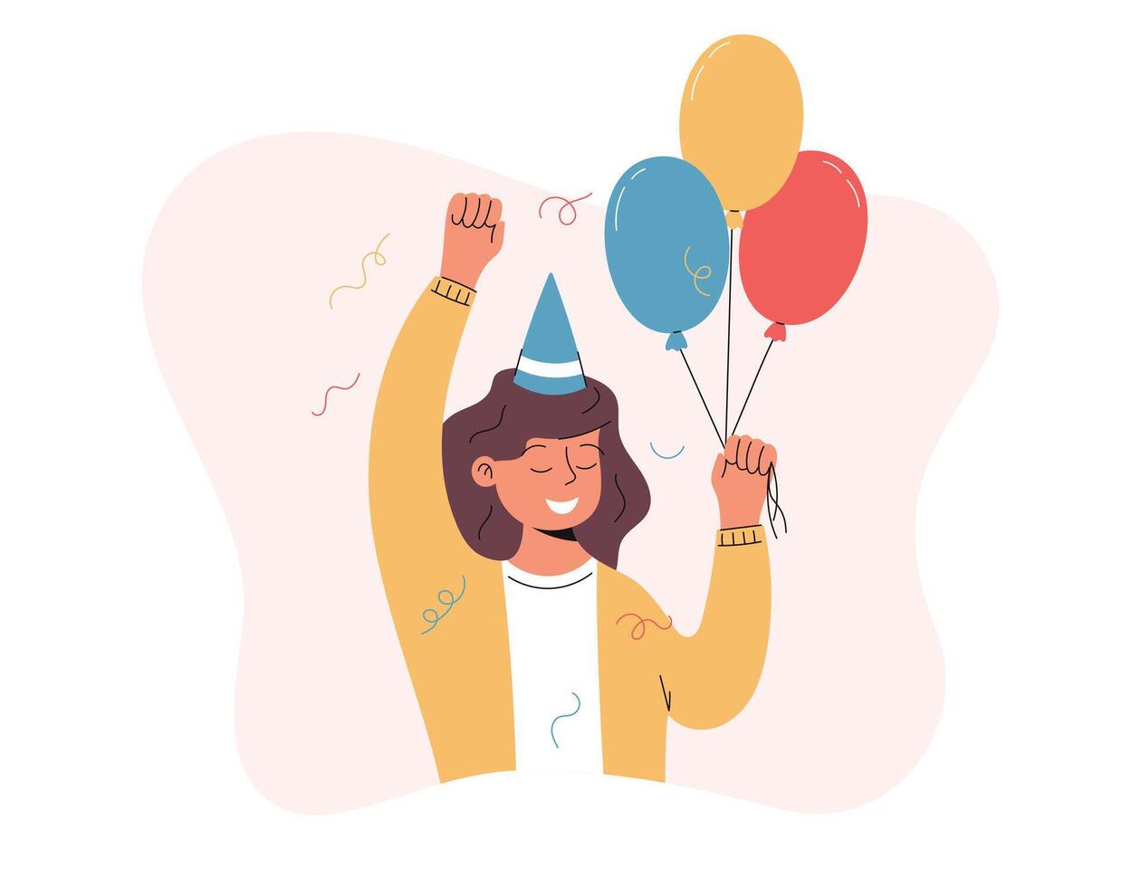 Cheerful woman with balloons. A girl in a festive cap celebrating a birthday or other holiday. Vector isolated flat illustration.