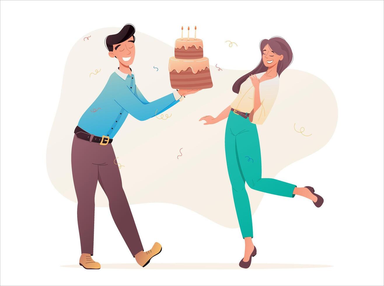 A cheerful man congratulating a happy birthday and giving a cake to a grateful woman. Cartoon people, waiter serving dessert. Vector isolated illustration.