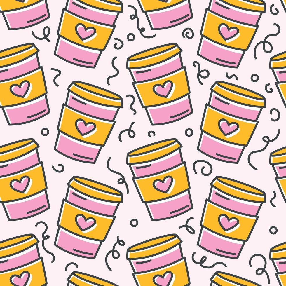 Doodle symbol of a disposable paper cup with a hot drink. Drinking Tea or coffee to go. Vector seamless pattern