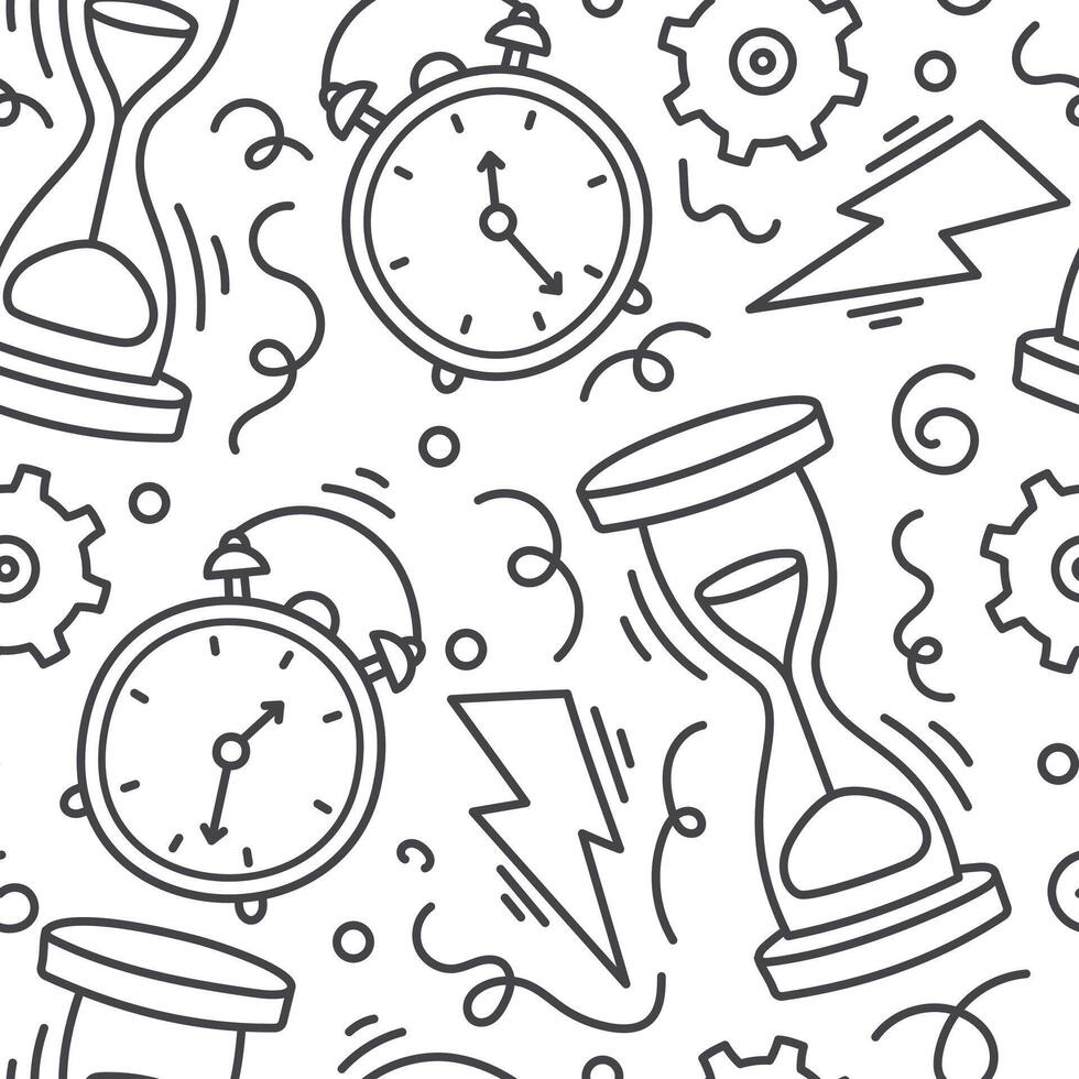 Hand drawn Doodle symbols of time, hourglass, alarm clock with dial. Vector seamless black and white pattern.