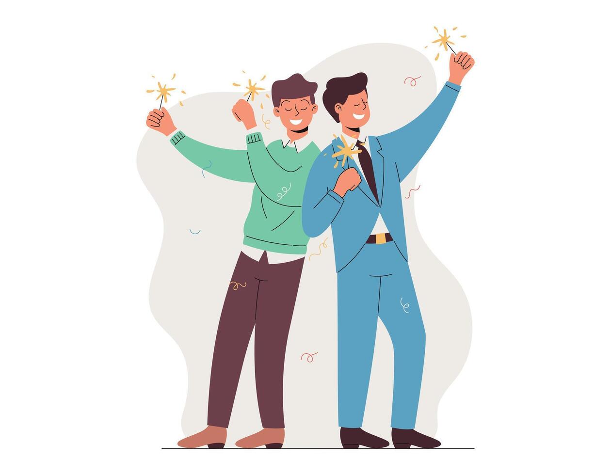 Two cheerful male friends standing with sparklers. Joyful people men celebrating the holiday. Vector isolated flat illustration.