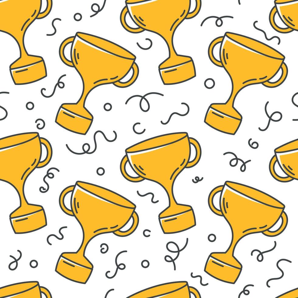 Doodle symbol of golden winner gift cup. Vector seamless pattern.