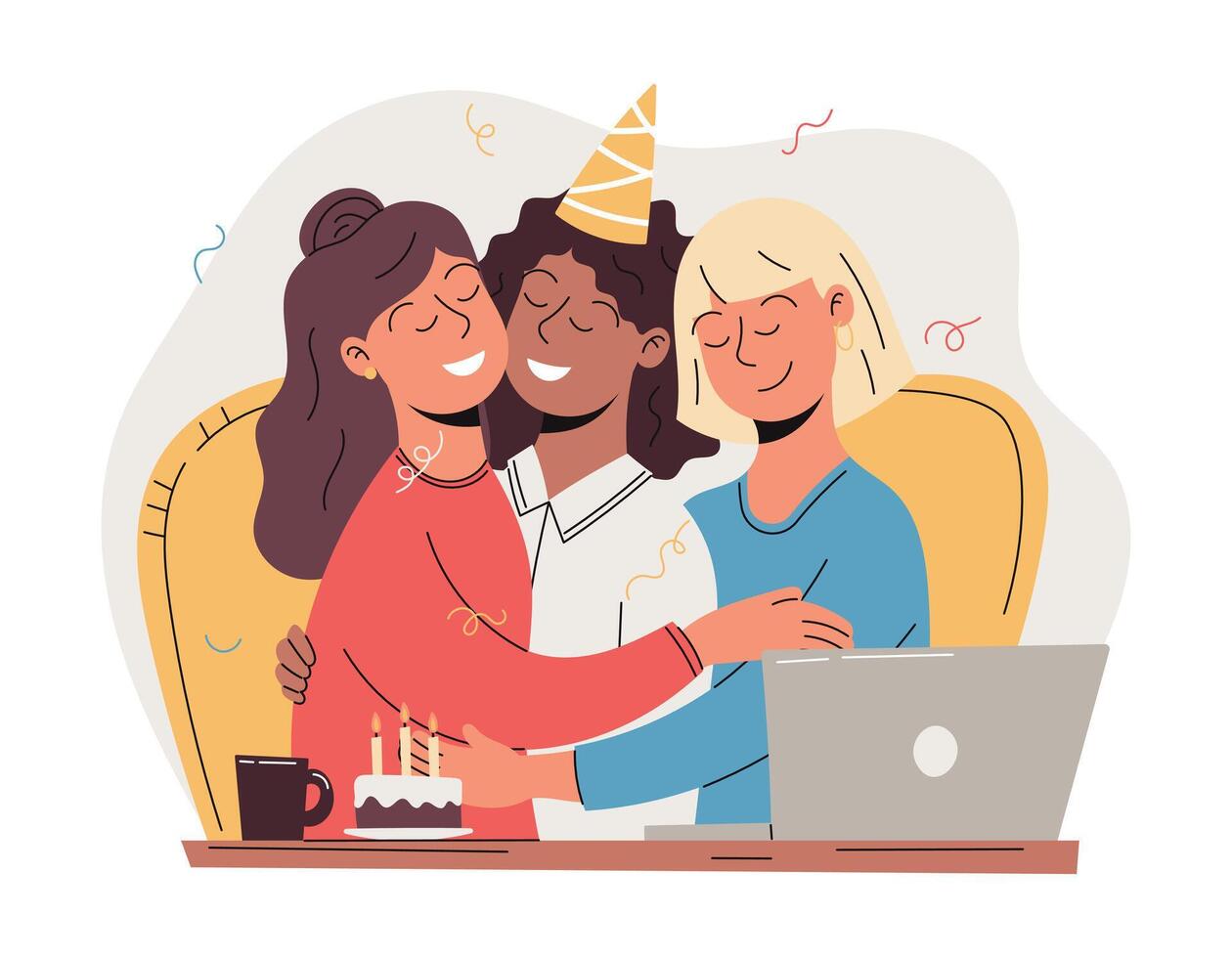 Young cheerful girls hugging and celebrating birthday at work at the desk. Corporate team during a holiday in the office, laptop and cake. Women friends, vector flat illustration.