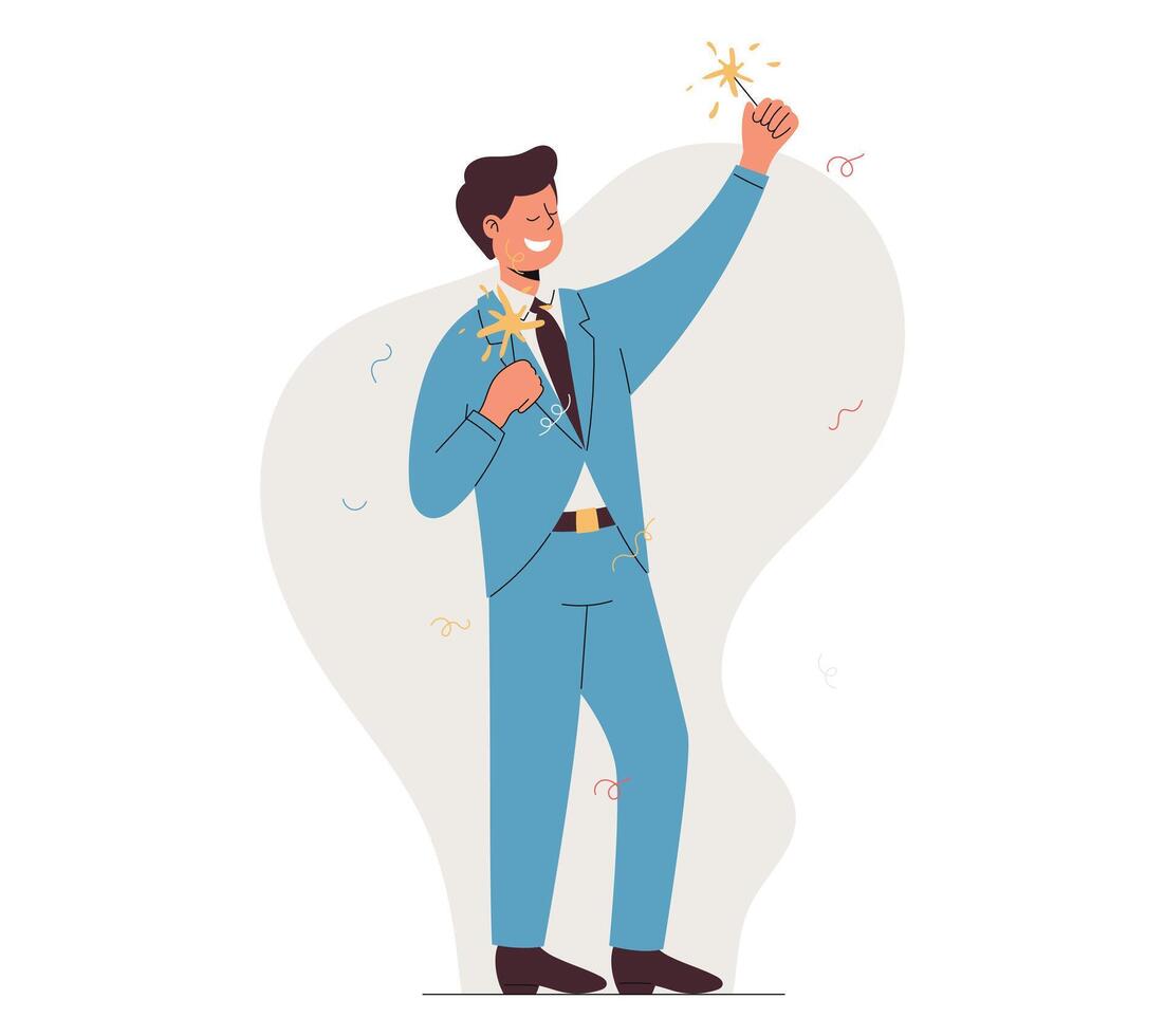 Standing man in a formal suit with sparklers. Joyful businessman celebrating a holiday at work in the office. Vector isolated flat illustration.