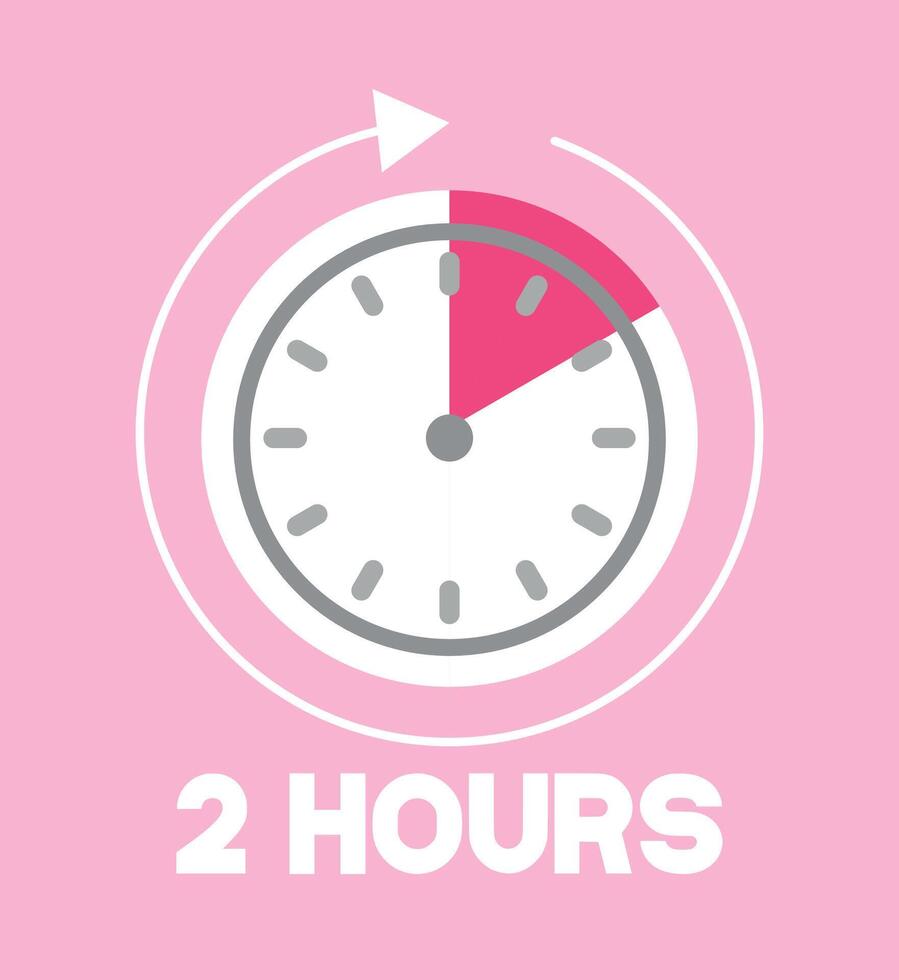 2 Hours pink clock. Time marker with clockwise arrow. Design remaining time vector