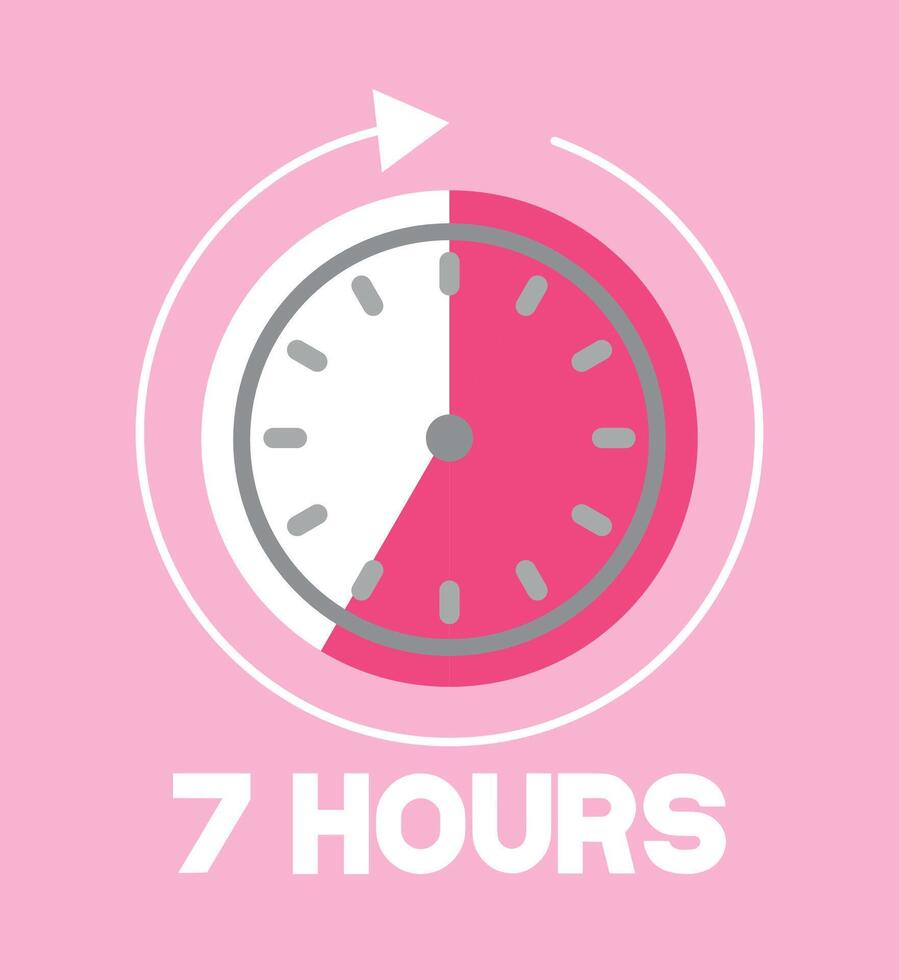 7 Hours pink clock. Time marker with clockwise arrow. Design remaining time vector