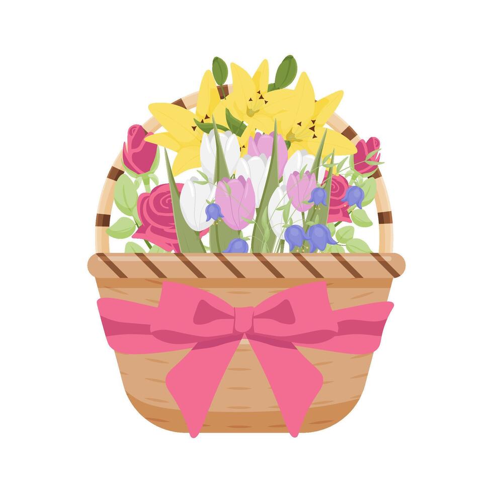 wicker basket with a bow and flowers. gift. vector illustration