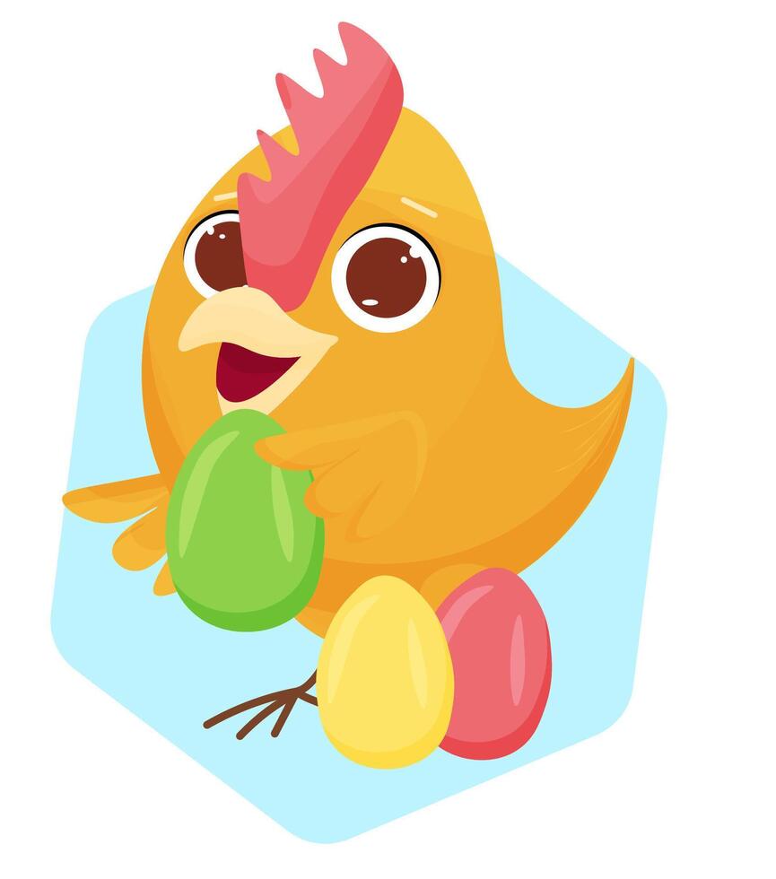 Cute chicken with Easter eggs. Colorful vector illustration.