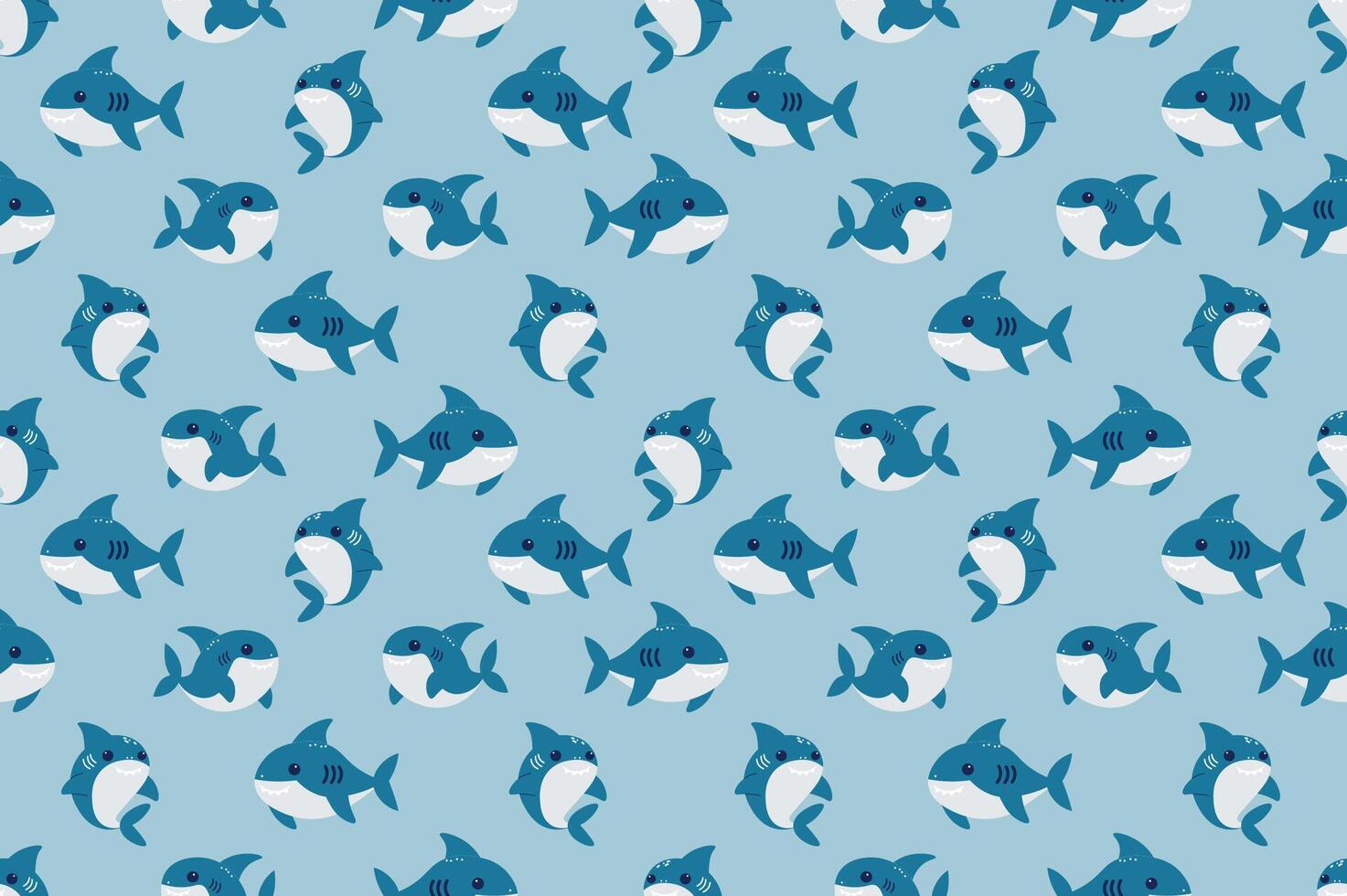 Seamless illustration with cute sharks on a blue background. children's textiles. flat vector illustration