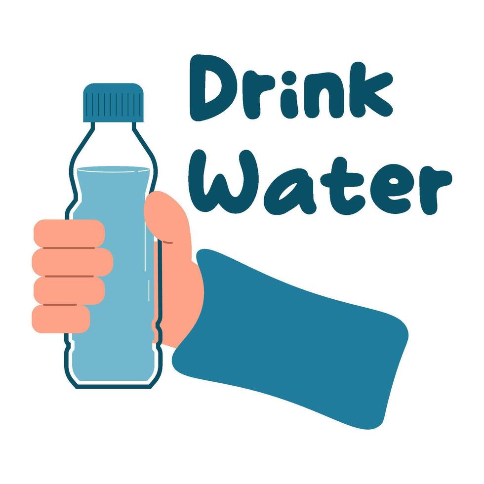 Drink more water. Hands hold containers of water. Vector illustration.