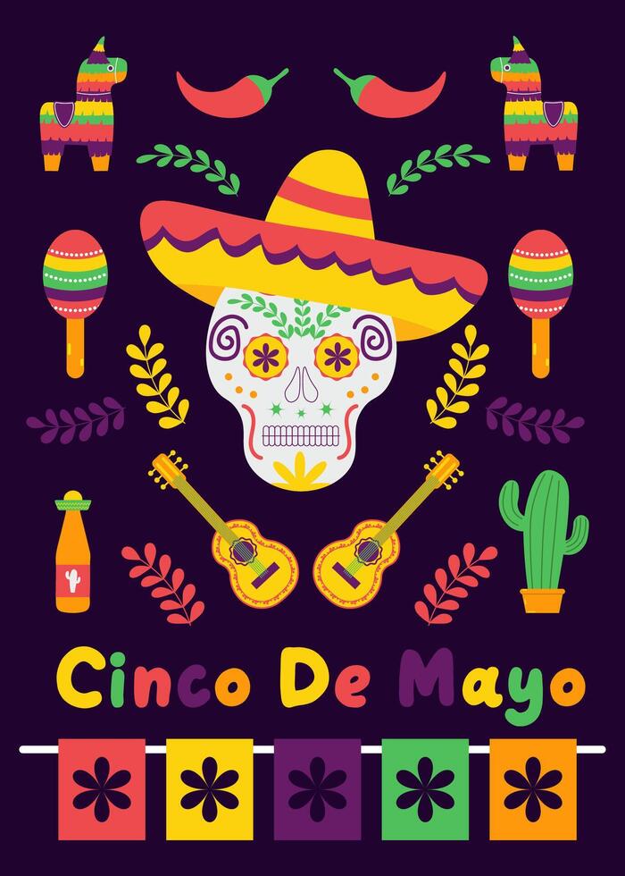 Colorful Mexican Cinco de Mayo holiday banner with cartoon vector guitar, skull, flowers and tequila. greeting card for a traditional Mexican holiday event