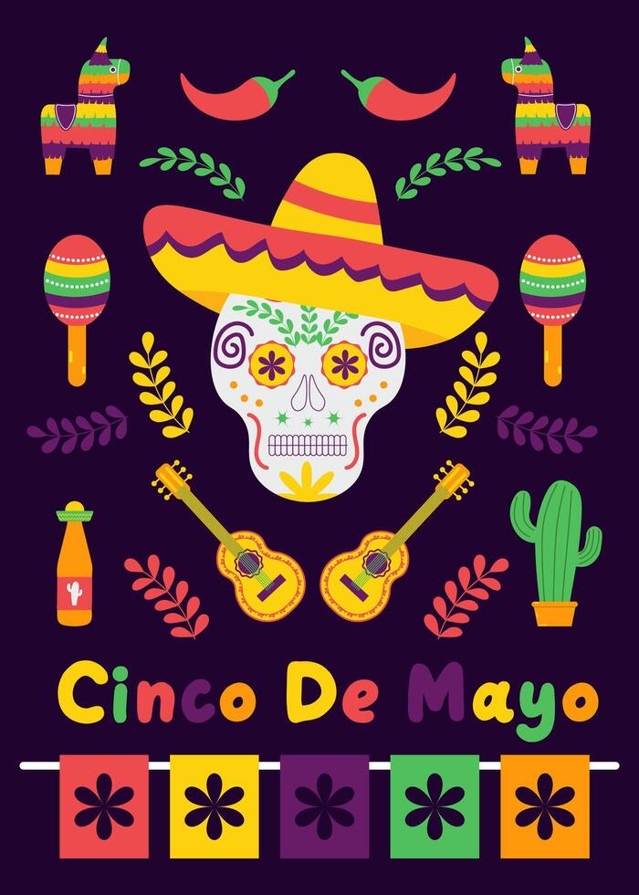 vistoso mexicano cinco Delaware mayonesa fiesta bandera con dibujos animados vector guitarra, cráneo, flores y tequila. saludo tarjeta para un tradicional mexicano fiesta evento