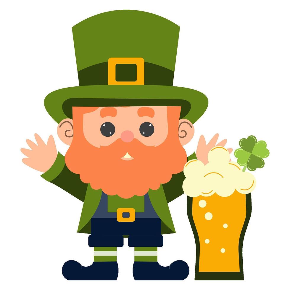 cartoon Leprechaun with Irish beer Vector illustration. St. Patrick's Day. Isolated object.